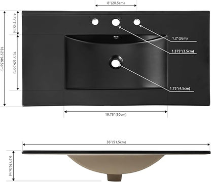 JONATHAN Y SNK1003B Ancillary 3-Hole 36 in. W x 18.25 in. D Classic Contemporary Rectangular Ceramic Single Sink Basin Vanity Top, Black