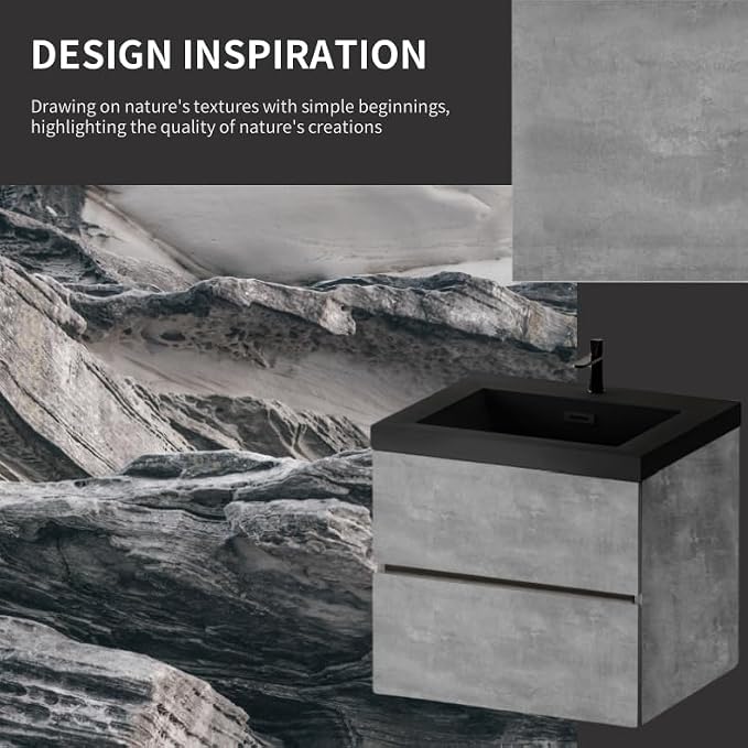 24 Inch Floating Bathroom Vanity with Sink, Modern Grey Wall Mounted Floating Vanity with Scratch-Resistant Quartz Sand Basin and Soft Closing Drawers, Pre Assembled Bathroom Vanity