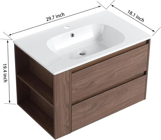 Henf 30 Inch Wall Mount Bathroom Vanity W/Sink Combo, Modern Design Vanity Cabinet with Gel Basin, Floating Mounting Bathroom Cabinet Set with 2 Drawer and Adjustable Storage Shelf,Brown