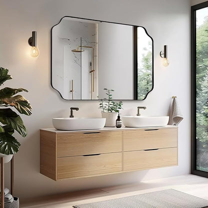 30x48 Inch Large Mirror, Matte Black Rectangle Mirror for Wall, Bathroom Mirror in Premium Stainless Steel Metal Thin Frame Deep 1’’, Unique Scalloped Edge, Hangs Vertically/Horizontally