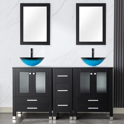 LUCKWIND 60" Double 24" Bathroom Vanity with Sink Combo, Elegant Series with One 12.6-in Side Cabinet, Painted Frame, Including Turquoise Square Sinks, Faucets Without Mirrors, Black