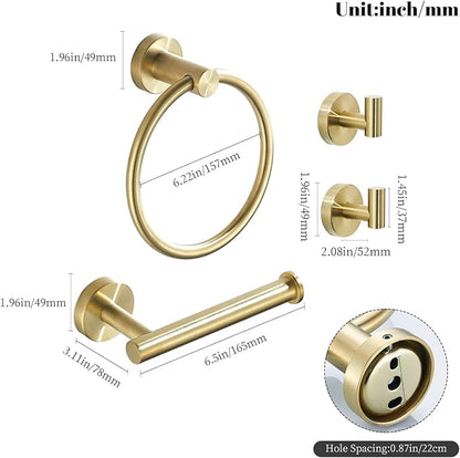 Gold Bathroom Hardware Set, Brushed Gold Toilet Paper Holder Towel Ring and 2 Robe Hook Bathroom Accessories Hand Towel Holder Kit Wall Mount Stainless Steel, 4 Pieces