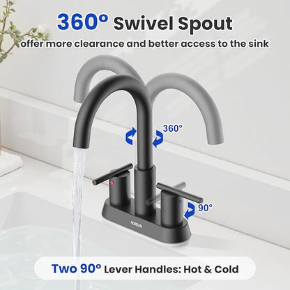 Hurran 4 Inch Bathroom Faucet for Sink 3 Hole, Matte Black Bathroom Faucet with Pop-up Drain and 2 Supply Hoses,Stainless Steel Lead-Free 2-Handle Centerset Faucet for Sink Vanity RV