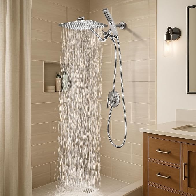 G-Promise All Metal 12" Rain Shower Head with Handheld for Bathroom Upgrade | All Metal, Built to Last, Easy Install, Adjustable Height & Angle for All Heights, Extra Long Hose, Modern Upgrade