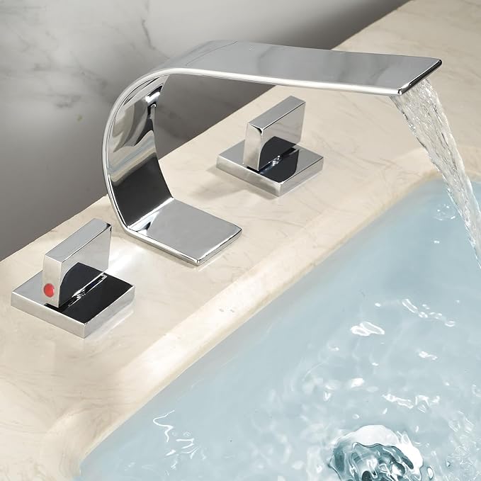 becola Chrome Bathroom Faucet 3 Hole,Ultrathin Low Arc 8 inch Widespread Bathroom Faucet,Waterfall Bathroom Faucet,2-Handle Modern Vanity Faucet with Hot and Cold Water Supply Hoses