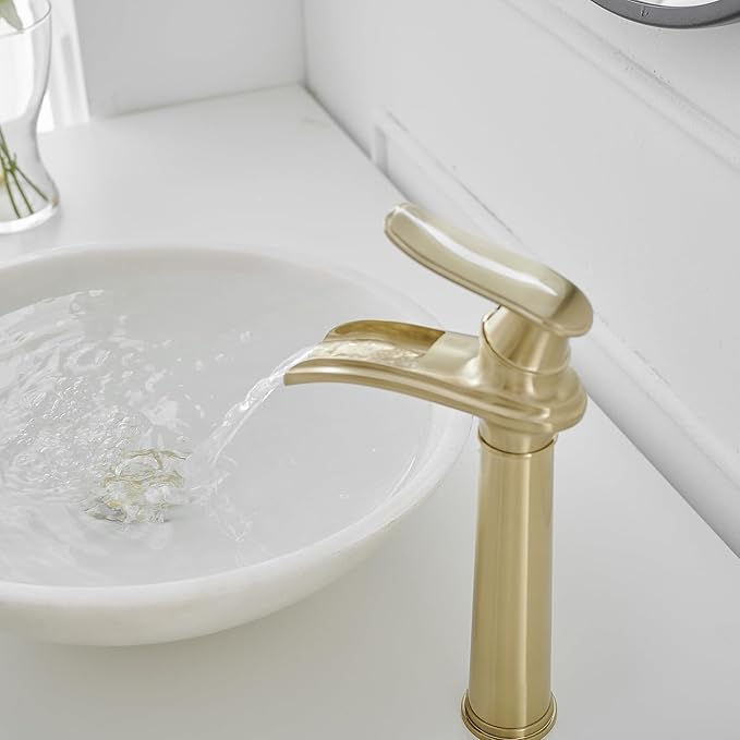 BWE Bathroom Vessel Sink Faucet Waterfall Spout Single Handle One Hole Solid Brass Deck Mount Brushed Gold Lavatory Mixer Tap Lavatory Vanity Sink Faucet with Pop Up Drain