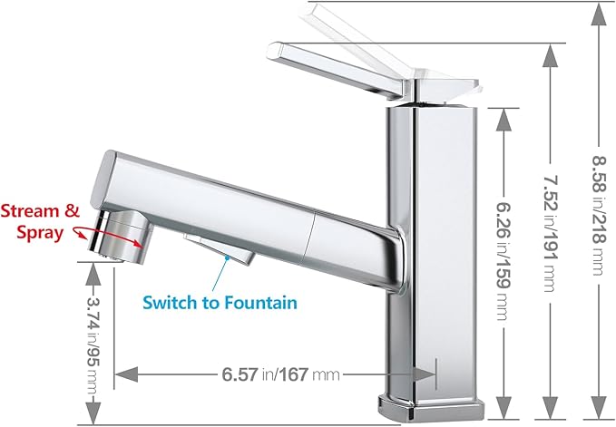 Chrome kitchen faucet with labeled features and dimensions on a white background