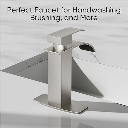 Hoimpro Brushed Nickel Waterfall Bathroom Faucet with cUPC Supply Lines, Single Hole Single Handle Bathroom Sink Faucet with Pop up Drain, Vanity Faucet with Deck Plate, Brushed Nickel(1 or 3 Hole)
