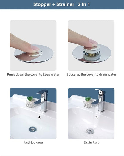 Hibbent All Metal Universal Bathroom Sink Stopper for 1.1''~2.3'' Basin, Pop Up Sink Drain Strainer, Brass Bullet Core Push Type Stopper, Stainless Steel Anti Clogging Drain Filter, Chrome