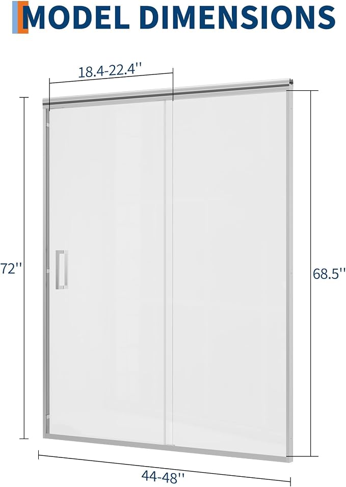 Framed Sliding Shower Door 44-48 Inch W x 72 Inch H – Aluminum Frame Full Coverage with Fixed & Sliding Tempered Glass Panels, 6mm Easy-Clean Coated Glass, Brushed Nickel Finish