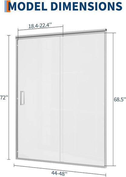 Framed Sliding Shower Door 44-48 Inch W x 72 Inch H – Aluminum Frame Full Coverage with Fixed & Sliding Tempered Glass Panels, 6mm Easy-Clean Coated Glass, Brushed Nickel Finish
