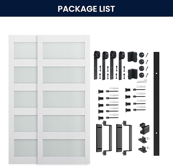 SMARTSTANDARD Double 36×84 Glass Barn Door with Sliding Hardware Kit | Pre-Drilled Ready to Assemble, Waterproof PVC Coating, 5-Panel Glass, White