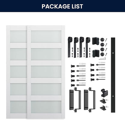 SMARTSTANDARD Double 36×84 Glass Barn Door with Sliding Hardware Kit | Pre-Drilled Ready to Assemble, Waterproof PVC Coating, 5-Panel Glass, White