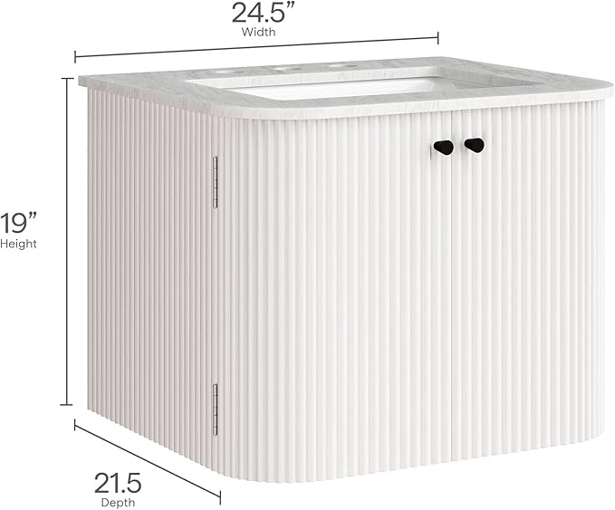 Modway Zia 24 inch Wall-Mount Bathroom Vanity in Ivory with Marble Sink Basin - Floating Bathroom Cabinet with Fluted Design