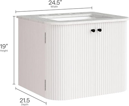 Modway Zia 24 inch Wall-Mount Bathroom Vanity in Ivory with Marble Sink Basin - Floating Bathroom Cabinet with Fluted Design