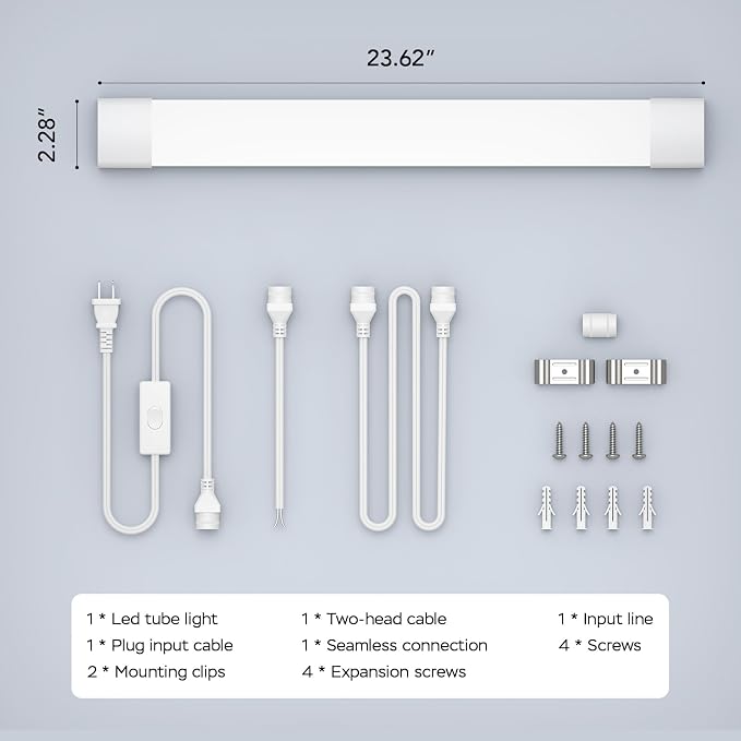 LED Shop Light Fixture, 2FT Linkable 18W Plug in Wall Light, 5000K Closet Light for Workbench Kitchen Basement, Under Cabinet Lighting, LED Tube Light Fixture with Plug, Triproof, White | Closet Light for Workbench Kitchen Basement, Under Cabinet Light...