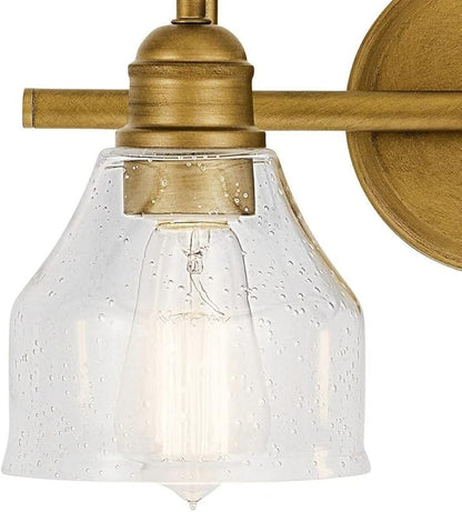 KICHLER Avery 15" Bathroom Vanity Industrial 2 Light Wall Fixture with Clear Seeded Glass in Natural Brass, for Bathroom (8.25" x 15" x 9.5") 45972NBR