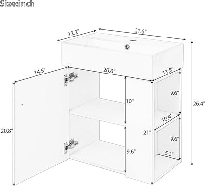 Merax 20 Inch Bathroom Vanity, Floating Sink Vanity Combo, Modern Wall Mount Bathroom Cabinet with Ceramic Integrated Sink for Small Space,Gray