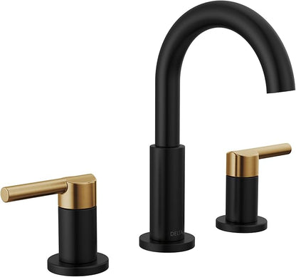 Delta Nicoli Matte Black/ Brushed Gold Faucet 3 Hole, 8 Inch Widespread Bathroom Sink Faucet for Vanity, Push-Pop Drain Assembly, Matte Black/ Champagne Bronze 35749LF-GZ