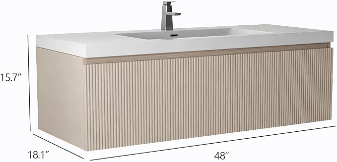 48 Inch Floating Bathroom Vanity with Sink, Wall-Mounted Striped Storage Cabinet with Soft-Close Drawer, Glossy White Solid Surface Basin, Fully Assembled, Natural Oak Finish