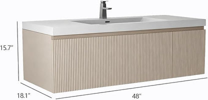 48 Inch Floating Bathroom Vanity with Sink, Wall-Mounted Striped Storage Cabinet with Soft-Close Drawer, Glossy White Solid Surface Basin, Fully Assembled, Natural Oak Finish