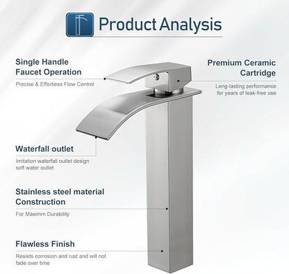 Tall Bathroom Faucets Vessel Sink Faucet Brushed Nickel Waterfall Bathroom Bowl Sink Faucet Rv Lavatory Faucet with Supply Hose