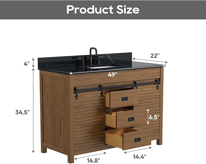 48 Inch Farmhouse Bathroom Vanity with Sink, Walnut | Pre Assembled Freestanding Bathroom Sink Cabinet, Sliding Barn Doors & Soft-Closing Drawers, Single Sink, Adjustable Feet
