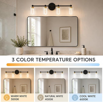Black and Gold Vanity Light with 3 Color Modes, Eye Protection LED Bathroom Light Fixtures, Dimmable Modern Wall Light Over Mirror with Clear Glass Shade (Black & Gold, 4-Light)