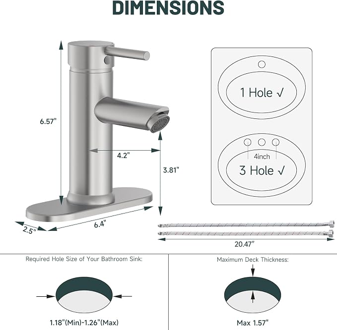 Bathroom Faucet for 1 or 3 Holes, Brass, Brushed Nickel | Single Handle Bathroom Sink Faucets, Modern Commercial Lavatory Vanity Faucets, with Deck Plate and Supply Line, No Drain