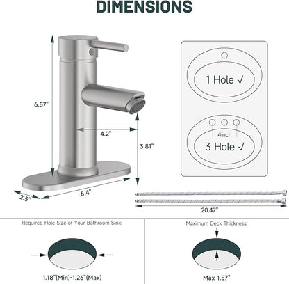 Bathroom Faucet for 1 or 3 Holes, Brass, Brushed Nickel | Single Handle Bathroom Sink Faucets, Modern Commercial Lavatory Vanity Faucets, with Deck Plate and Supply Line, No Drain