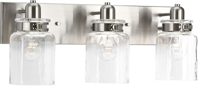 Progress Lighting P300047-009 Calhoun Collection Clear Glass Farmhouse Bath Vanity Light, 3-Light, Brushed Nickel