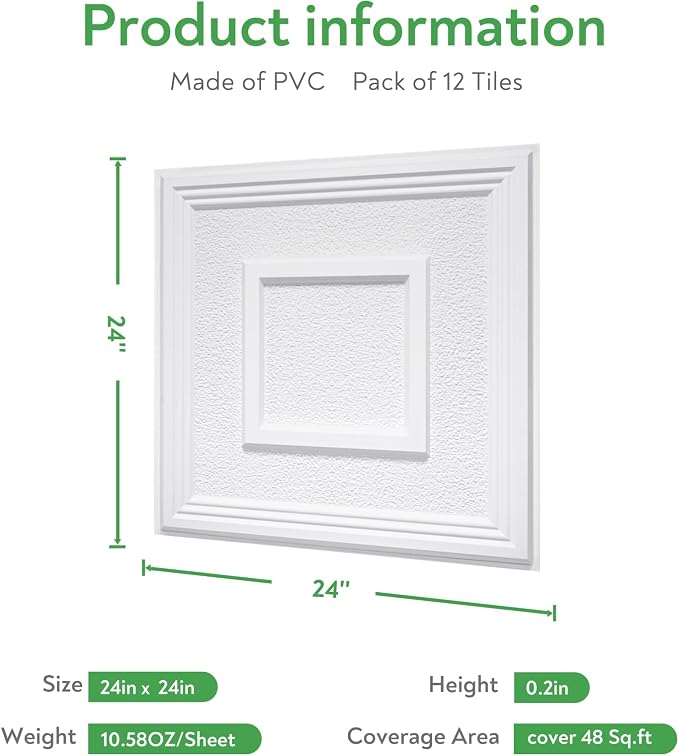 STICKGOO Glue-Up Ceiling Tiles, Popcorn Textured White, 24 x 24 in, 12 Pack | 2 x 2ft Drop ceiling panels, PVC decorative ceiling tiles, covers 48 sq ft, waterproof, lightweight