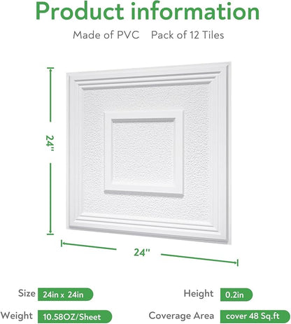 STICKGOO Glue-Up Ceiling Tiles, Popcorn Textured White, 24 x 24 in, 12 Pack | 2 x 2ft Drop ceiling panels, PVC decorative ceiling tiles, covers 48 sq ft, waterproof, lightweight