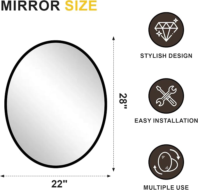 Black Oval Bathroom Mirror for Wall, 22"x28" Bathroom Vanity Mirror | HD Shatterproof Glass, Metal Framed, Oval Vanity Mirrors for Bathroom, Bedroom, Living Room, Entryway, Horizontal or Vertical
