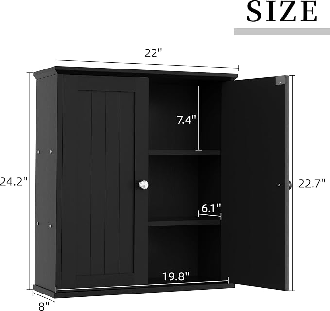 Shintenchi Bathroom Wall Medicine Cabinet, Over The Toilet Storage, Black | Bathroom Storage Organizer Cupboard, with 2 Magnet Door and 3-Tier Shelves, Space Saving, Easy to Assemble & Clean