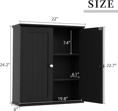 Shintenchi Bathroom Wall Medicine Cabinet, Over The Toilet Storage, Black | Bathroom Storage Organizer Cupboard, with 2 Magnet Door and 3-Tier Shelves, Space Saving, Easy to Assemble & Clean