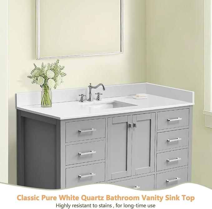 60" x 22" Vanity Top, Quartz Vanity Sink Top in Pure White, with One Sidesplash & One Backsplash, with Undermounted Sink,8 Inch Faucet Hole Spread for Vanity Top with Sink