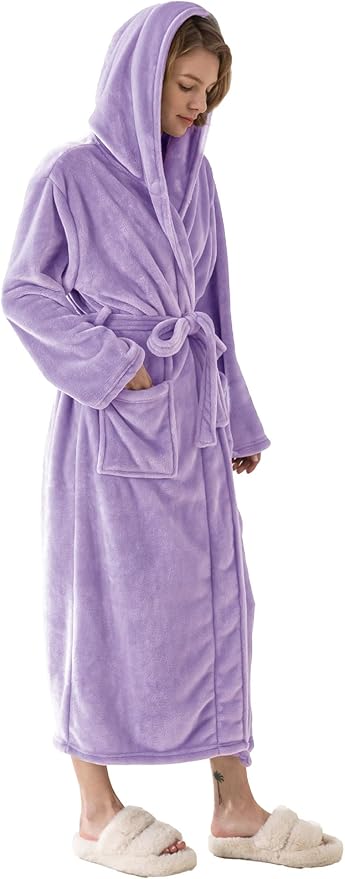 Robes for Women - Hooded Plush Fleece Bathrobe with Sash & Pockets, Full-Length Lightweight Spa Robe