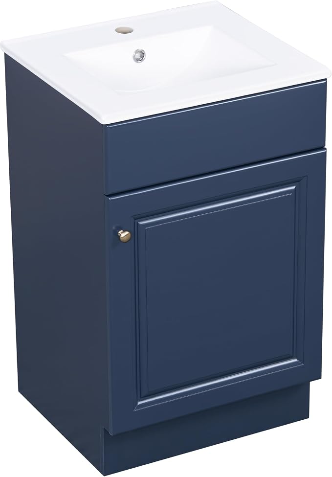 Christopher Knight Home Vanes Wood Frame 20" Bathroom Vanity with Ceramic Sink, Cabinet with Soft-Closing Door Shelf and Adjustable Shelf, Open Back, Metal Hardware, Storage/Organizer, Blue
