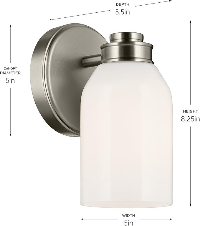 Kichler Shae 5" 1-Light Wall Sconce with White Opal Glass in Brushed Nickel, Modern, for Vanity, Fireplace, Buffet, Hallway, Vanity Mirror, (8.25" H x 5" W), 55200NI