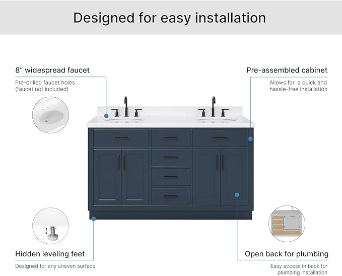 ARIEL Hepburn 60-inch Bathroom Vanity with Sink,Solid Wood, 1.5-inch Carrara White Quartz Countertop, Double Oval Porcelain Sink, 4 Soft Closing Doors, 6 Dovetail Drawers, Midnight Blue