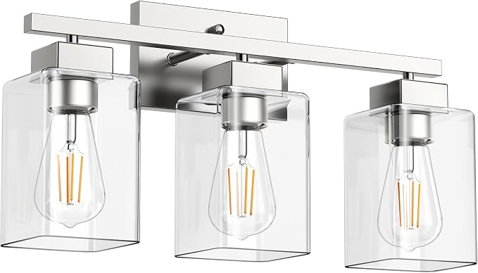 PARTPHONER 3-Light Bathroom Light Fixtures, Brushed Nickel Modern Vanity Lights, Bathroom Lighting Fixtures Over Mirror, Square Design Farmhouse Wall Sconces with Clear Glass Shades