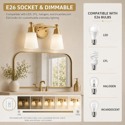 2 Light BathroomVanity Lights, Brushed Gold Wall Sconce Light with Frosted Glass, Bathroom Over Mirror Light Fixtures for Living Room, Bedroom, Hallway
