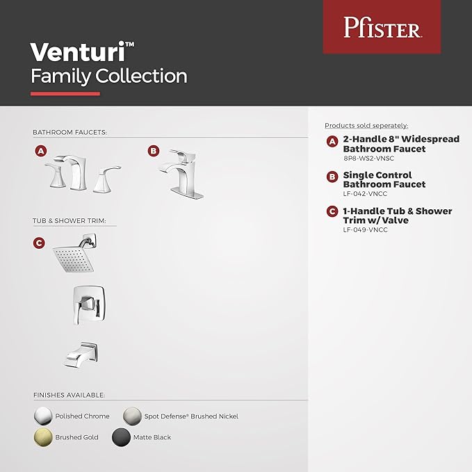 Pfister Venturi Tub & Shower Trim Kit, Valve and Cartridge Included, 1-Handle, Polished Chrome Finish, 8P8WS2VNSC