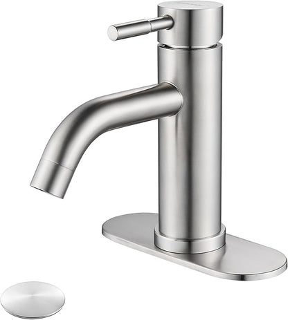 Single Hole Bathroom Sink Faucet Brushed Nicke, Modern Single Handle Bathroom Faucet Commercial Stainless Steel Basin Faucet with Drain