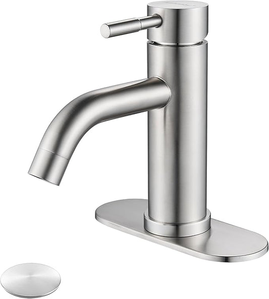 Single Hole Bathroom Sink Faucet Brushed Nicke, Modern Single Handle Bathroom Faucet Commercial Stainless Steel Basin Faucet with Drain