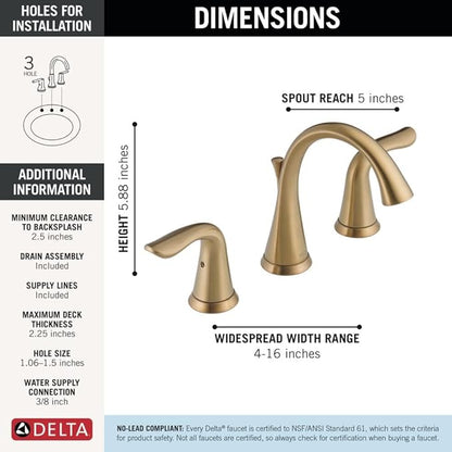 Delta Lahara Brushed Gold Bathroom Faucet 3 Hole, 8 Inch Widespread Bathroom Sink Faucet for Vanity, Metal Push-Pop Drain Assembly, Champagne Bronze 3538-CZMPU-DST