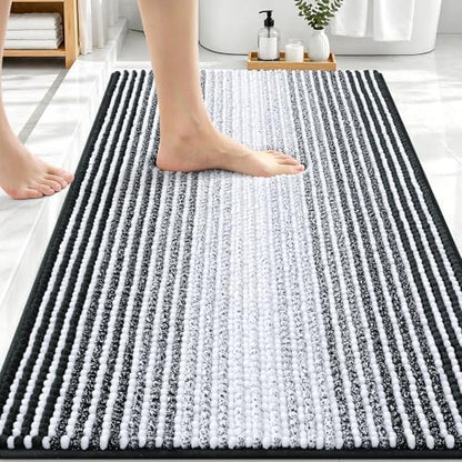 OLANLY Bathroom Rugs 30x20, Soft Chenille Striped Bath Rugs, Black
