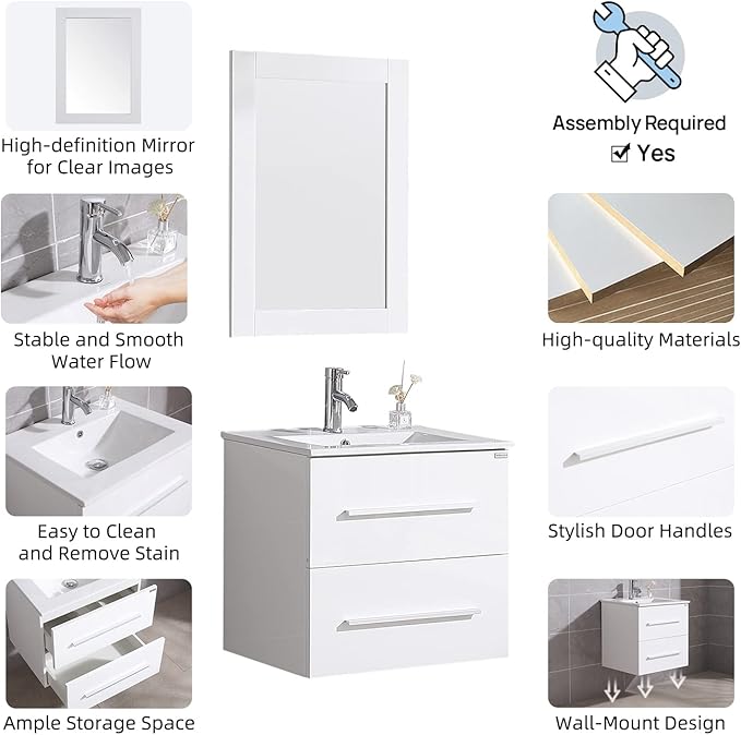 wonline 24" White Wall Mounted Bathroom Vanity Set Two Drawers Storage Cabinet with Ceramic Vessel Sink and Mirror Combo Chrome Faucet