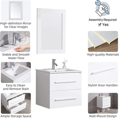 wonline 24" White Wall Mounted Bathroom Vanity Set Two Drawers Storage Cabinet with Ceramic Vessel Sink and Mirror Combo Chrome Faucet
